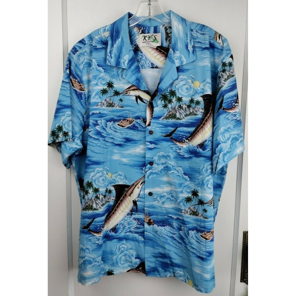 KY's Hawaiian Shirt Fishing Island Boat Short Sleeve Button Up Mens SIZE XL